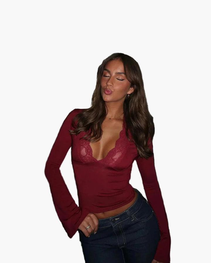 Women’s Lace-Trim Long Sleeve Top