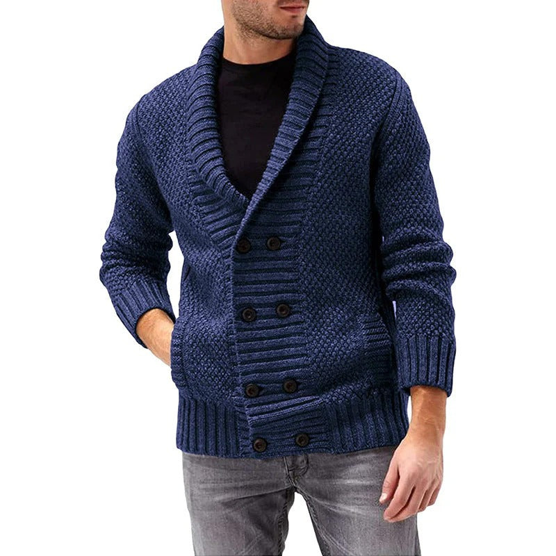Men’s Double-Breasted Knit Cardigan – Textured Shawl Collar Sweater