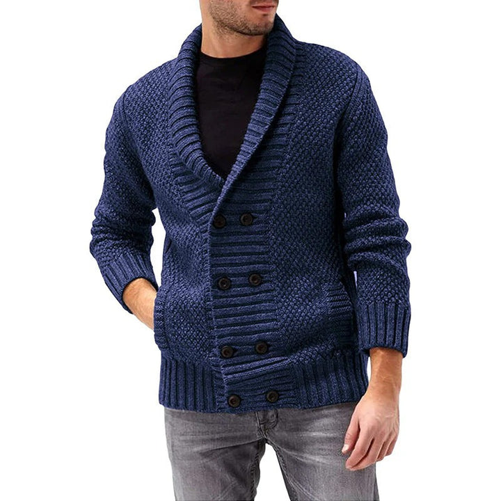 Men’s Double-Breasted Knit Cardigan – Textured Shawl Collar Sweater