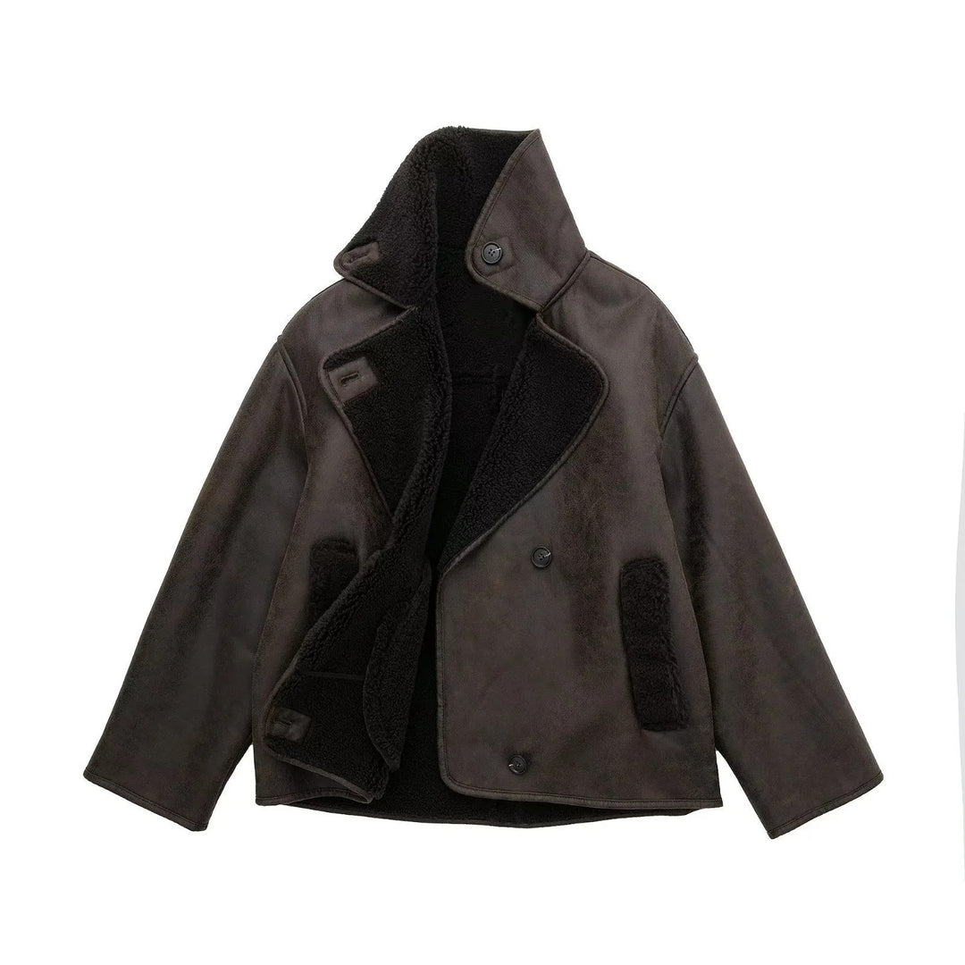 Women’s Shearling-Lined Faux Leather Jacket – Oversized Collar Short Coat
