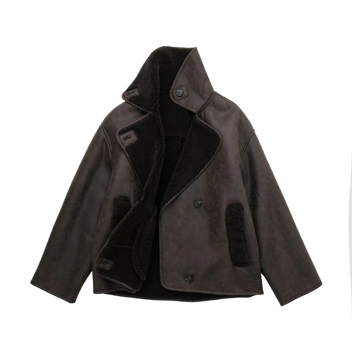 Women’s Shearling-Lined Faux Leather Jacket – Oversized Collar Short Coat