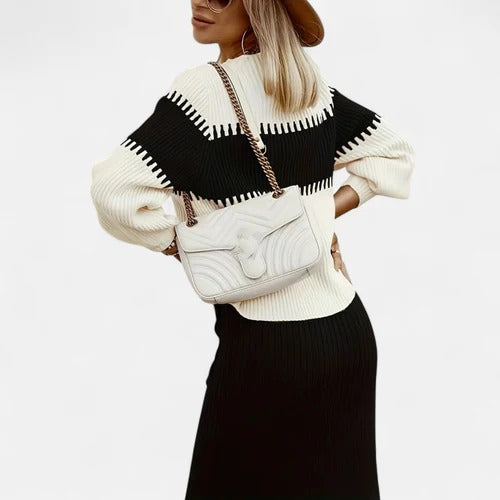 Women’s Two-Piece Colour-Block Knit Set – High-Neck Pullover & Split Midi Skirt