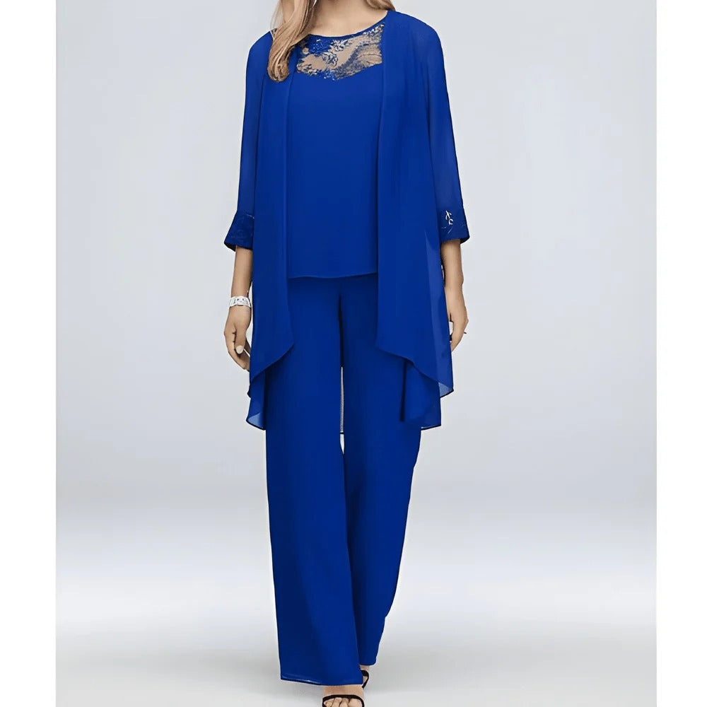 Women’s Elegant Chiffon Three-Piece Pant Set – Lace Detail Top & Flowing Cardigan
