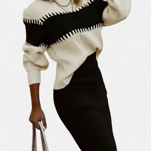 Women’s Two-Piece Colour-Block Knit Set – High-Neck Pullover & Split Midi Skirt