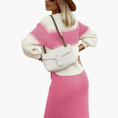 Women’s Two-Piece Colour-Block Knit Set – High-Neck Pullover & Split Midi Skirt
