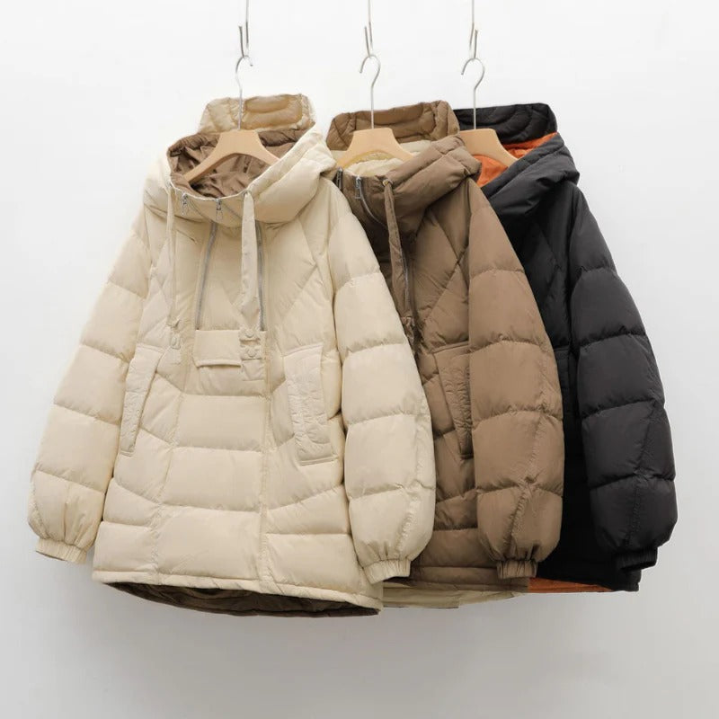 Women’s Alpine Quilted Hooded Puffer Jacket – Winter Warm Half-Zip Coat
