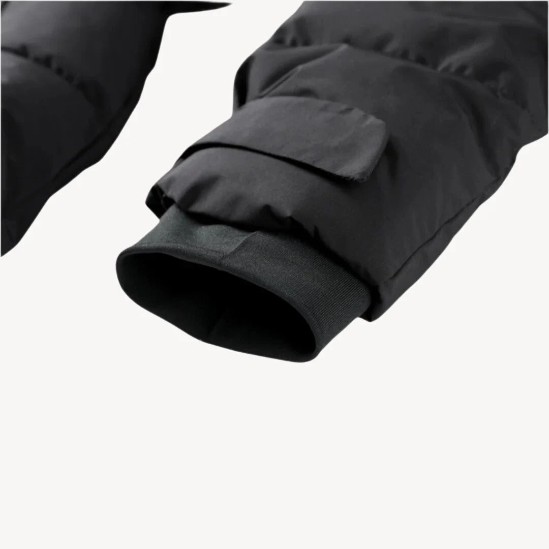 Women’s Black Waterproof Belted Puffer Jacket – High Collar Winter Coat