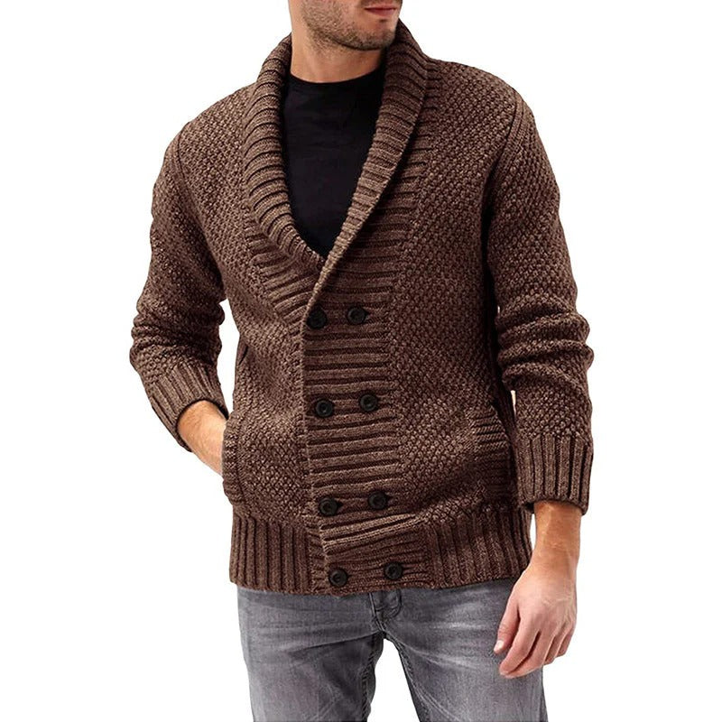 Men’s Double-Breasted Knit Cardigan – Textured Shawl Collar Sweater