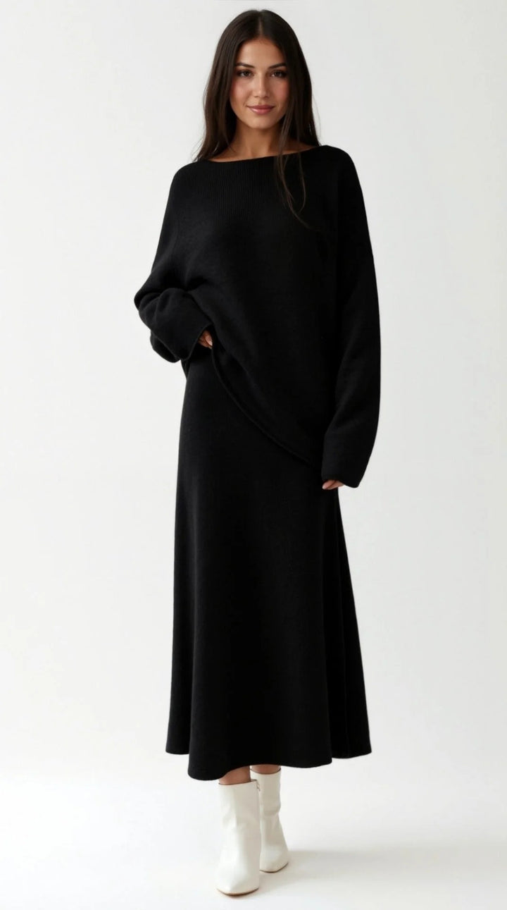 Women’s Seraphine Knit Two-Piece Midi Set – Relaxed Sweater & A-Line Skirt