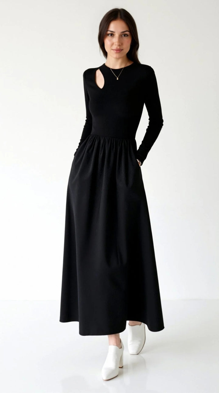 Women’s Elara Cutout Long-Sleeve Maxi Dress – Elegant A-Line Silhouette