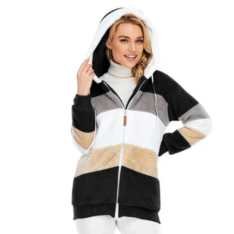 Women’s Colour Block Zip Hoodie – Soft Sherpa Winter Jacket