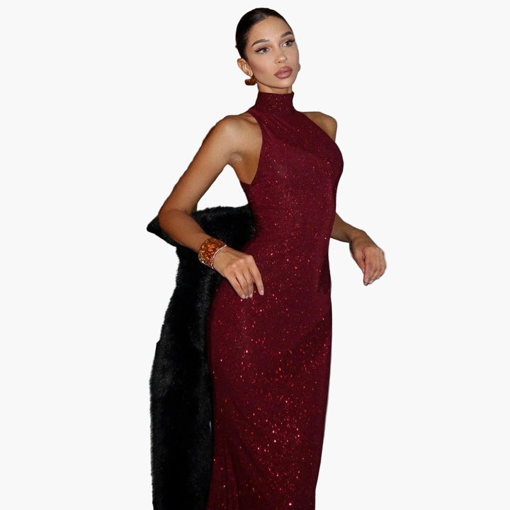 Women’s Shimmering High Neck Maxi Dress