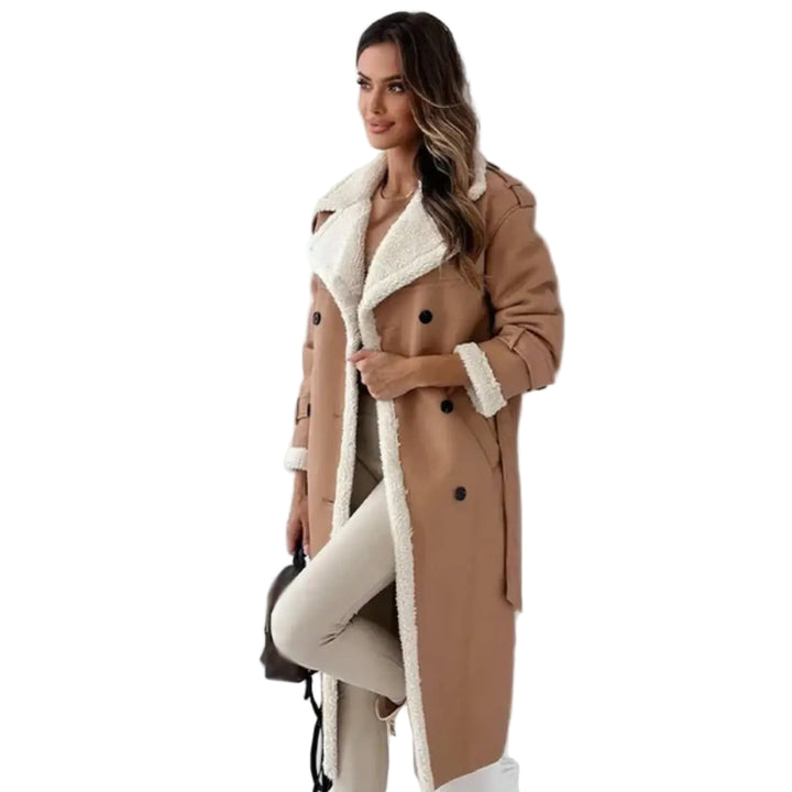Women’s Long Faux Leather Coat – Fleece-Lined Double-Breasted Style