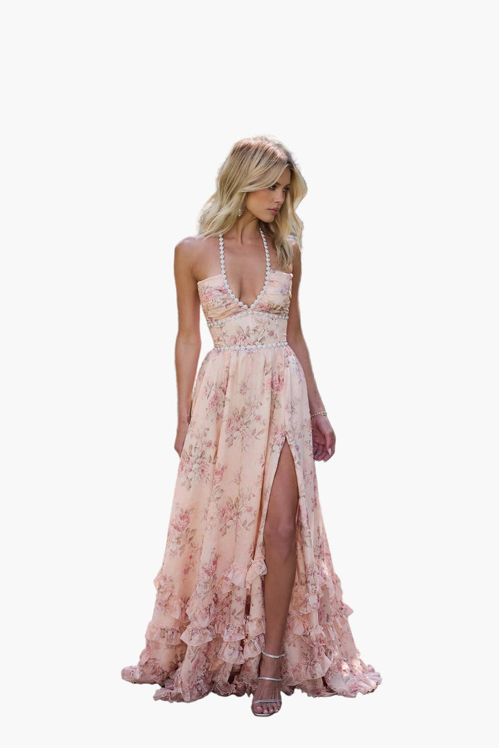 Women’s Peach Floral Maxi Dress – Ruffled Halter Slit Gown