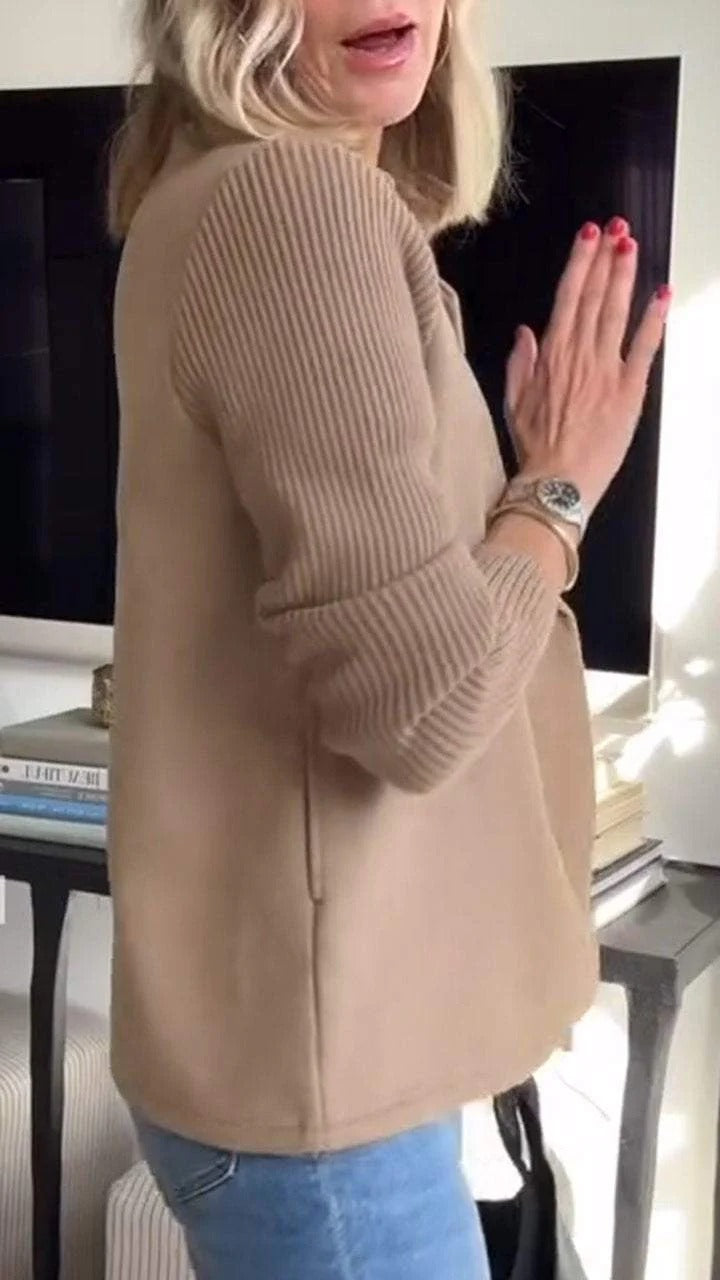 Women’s Chic Knit-Sleeve Double-Breasted Jacket – Casual Soft Short Coat