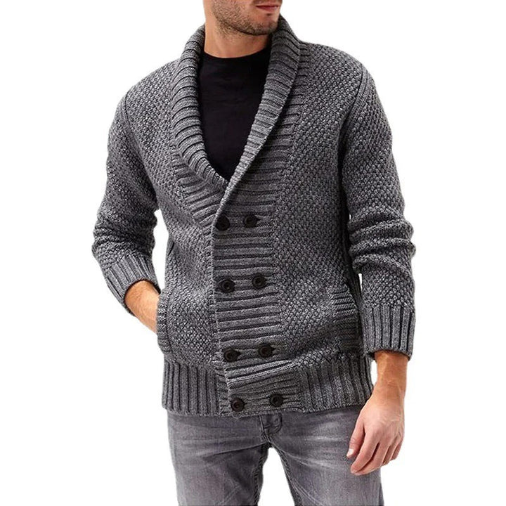 Men’s Double-Breasted Knit Cardigan – Textured Shawl Collar Sweater