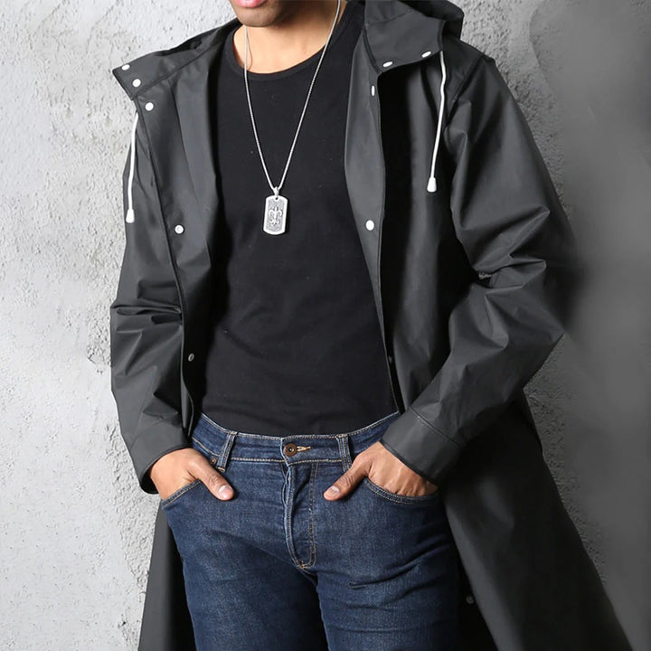 Men’s Long Hooded Waterproof Raincoat – Full-Length Outdoor Shell