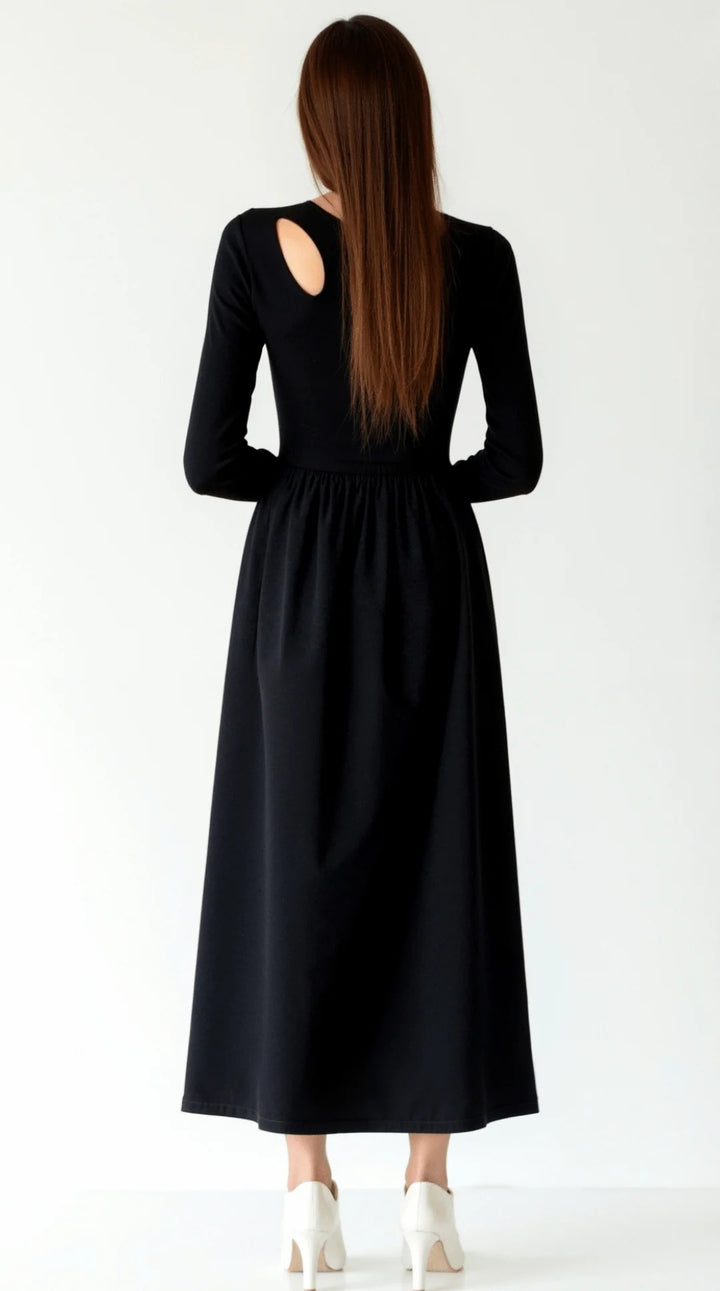 Women’s Elara Cutout Long-Sleeve Maxi Dress – Elegant A-Line Silhouette