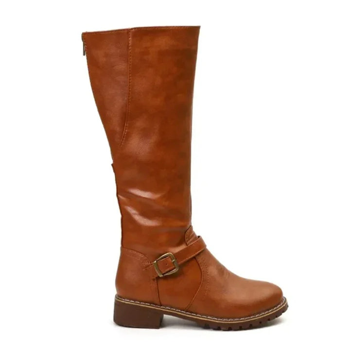 Women’s Classic Knee-High Riding Boots – Chic Buckle Strap Low-Heel Design