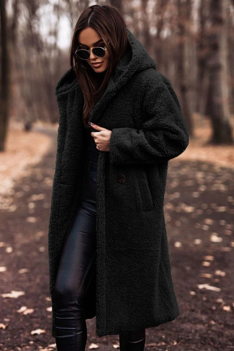 Women’s Cozy Luxe Teddy Longline Coat – Hooded Winter Warm Jacket