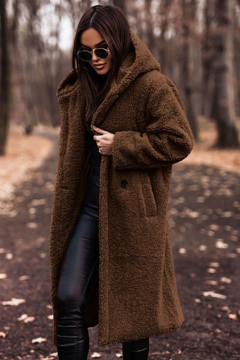Women’s Cozy Luxe Teddy Longline Coat – Hooded Winter Warm Jacket