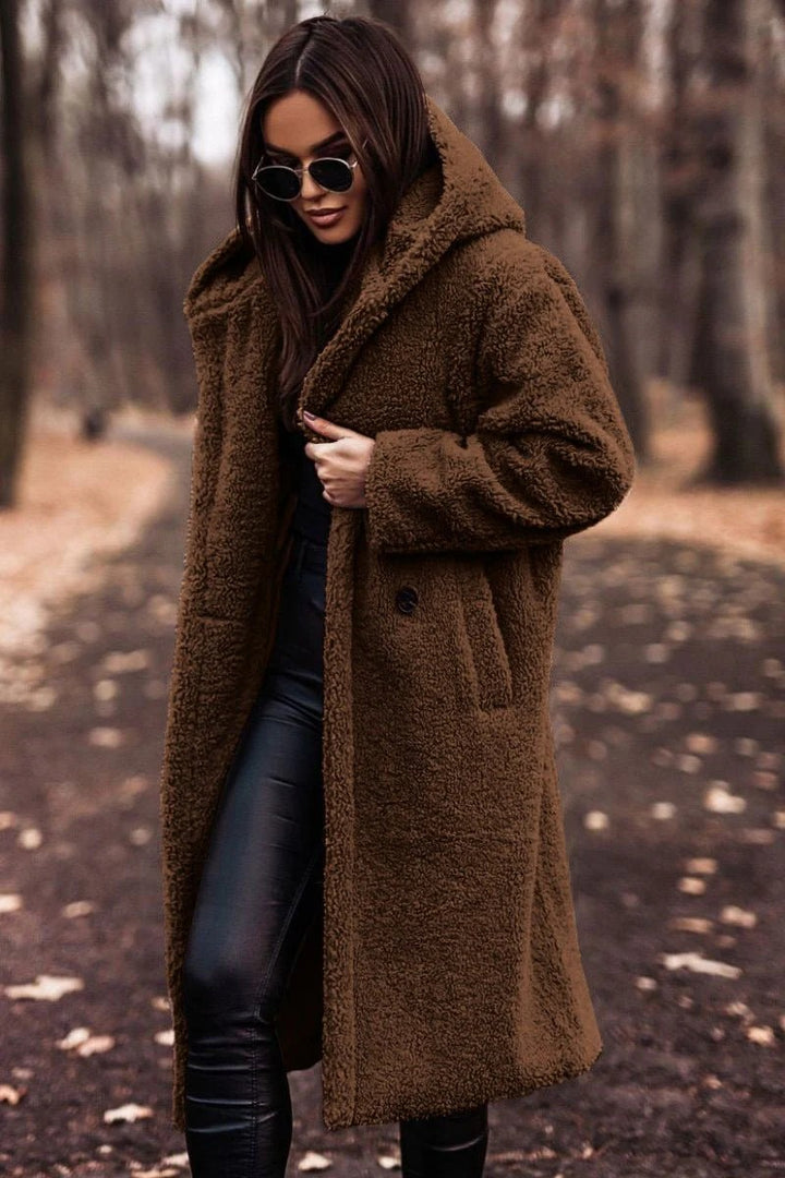 Women’s Cozy Luxe Teddy Longline Coat – Hooded Winter Warm Jacket