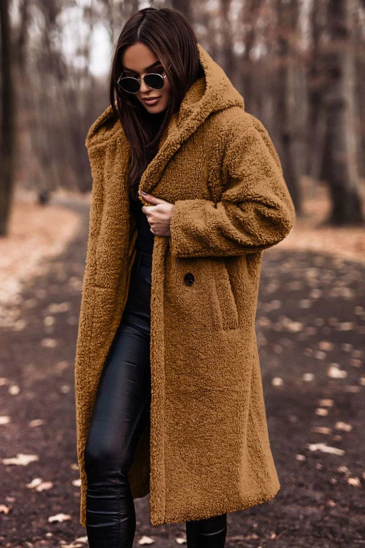 Women’s Cozy Luxe Teddy Longline Coat – Hooded Winter Warm Jacket