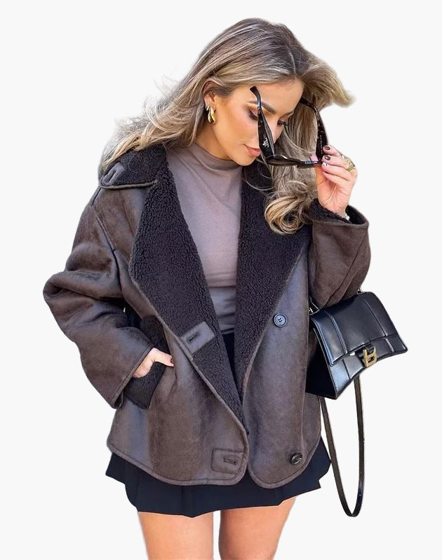 Women’s Shearling-Lined Faux Leather Jacket – Oversized Collar Short Coat