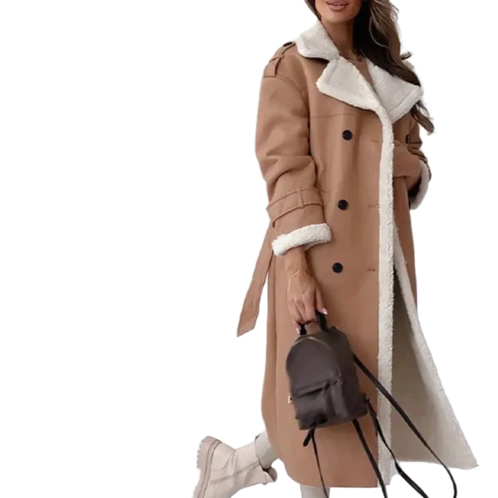 Women’s Long Faux Leather Coat – Fleece-Lined Double-Breasted Style