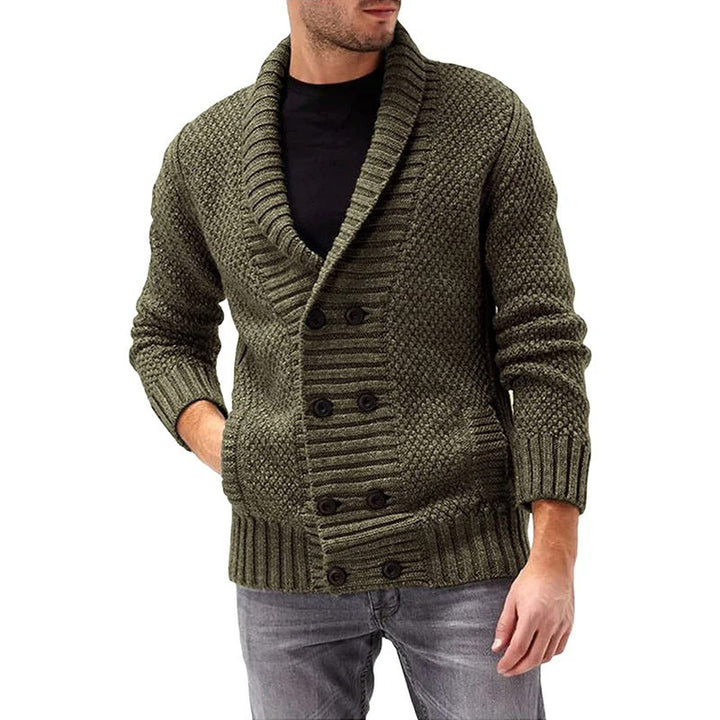 Men’s Double-Breasted Knit Cardigan – Textured Shawl Collar Sweater