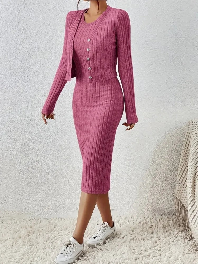 Women’s Ribbed Knit Two-Piece Set – Button Front Cardigan & Bodycon Midi Dress