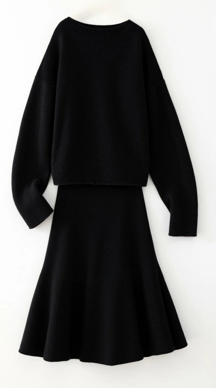 Women’s Seraphine Knit Two-Piece Midi Set – Relaxed Sweater & A-Line Skirt