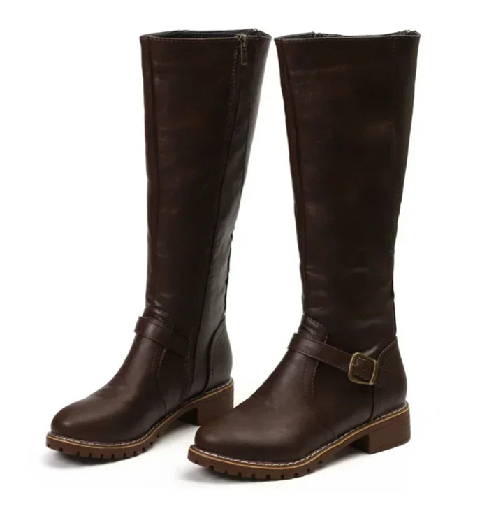Women’s Classic Knee-High Riding Boots – Chic Buckle Strap Low-Heel Design