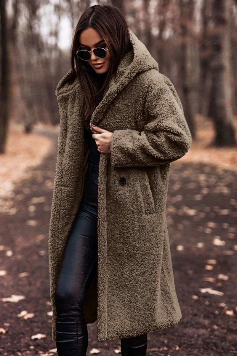 Women’s Cozy Luxe Teddy Longline Coat – Hooded Winter Warm Jacket