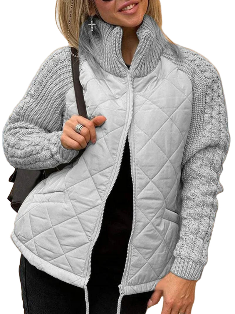 Women’s Quilted Zip Jacket with Knitted Sleeves – Casual Layered Style