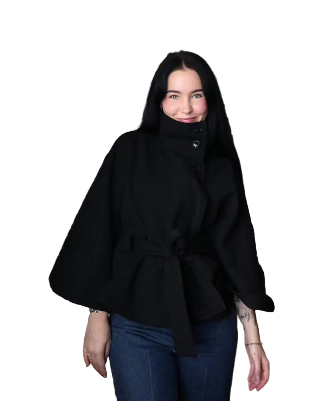 Women’s High-Neck Belted Cape Jacket