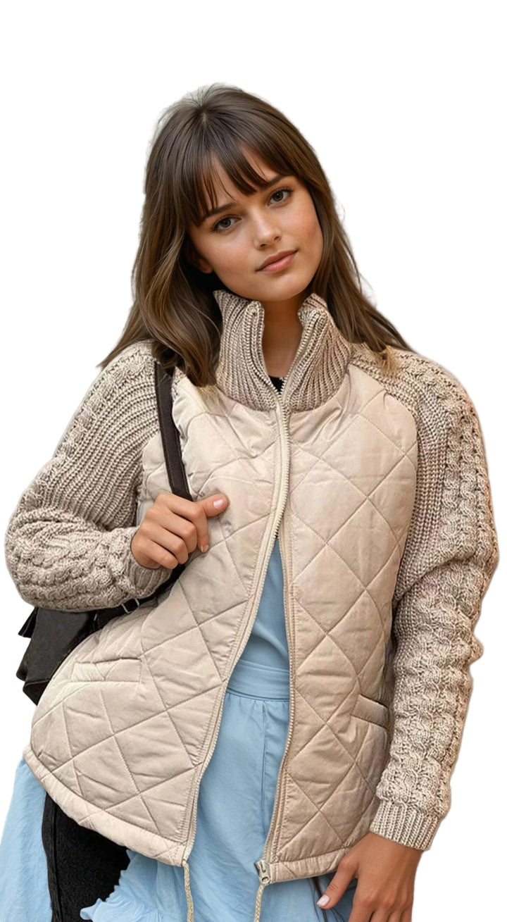 Women’s Quilted Zip Jacket with Knitted Sleeves – Casual Layered Style
