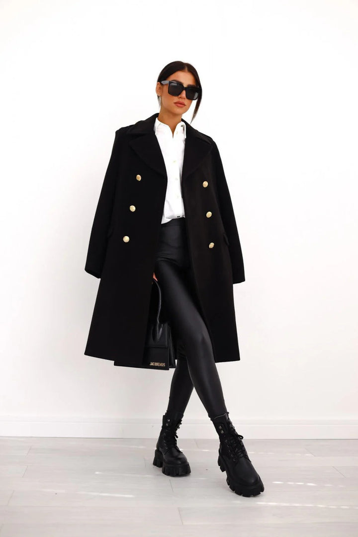 Women’s Double-Breasted Longline Coat - Tailored Button Detail Overcoat