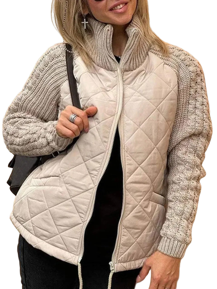 Women’s Quilted Zip Jacket with Knitted Sleeves – Casual Layered Style