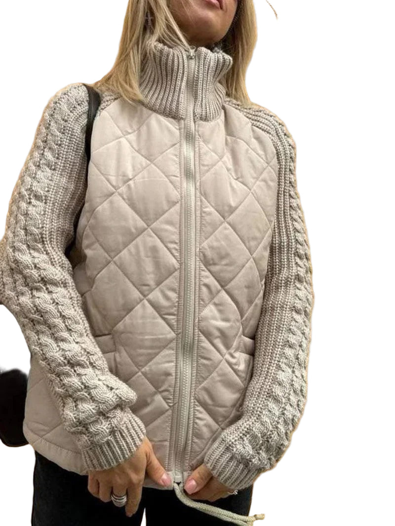Women’s Quilted Zip Jacket with Knitted Sleeves – Casual Layered Style
