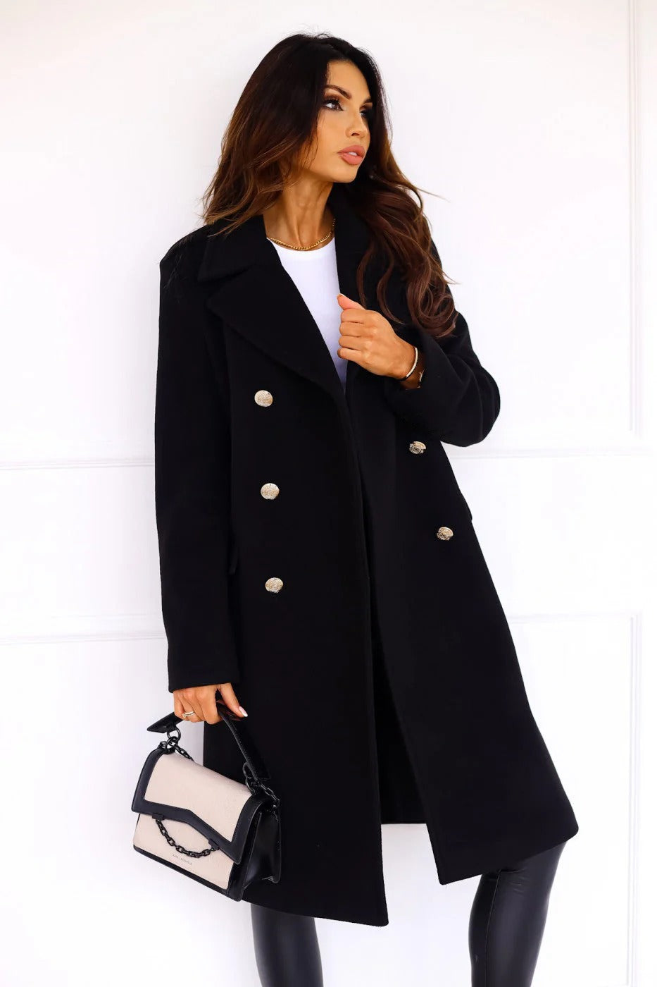 Women’s Double-Breasted Longline Coat - Tailored Button Detail Overcoat