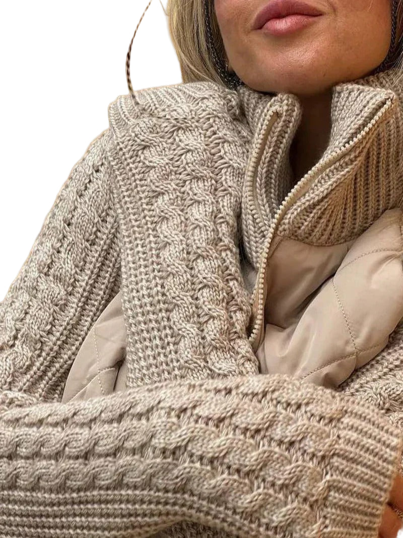 Women’s Quilted Zip Jacket with Knitted Sleeves – Casual Layered Style