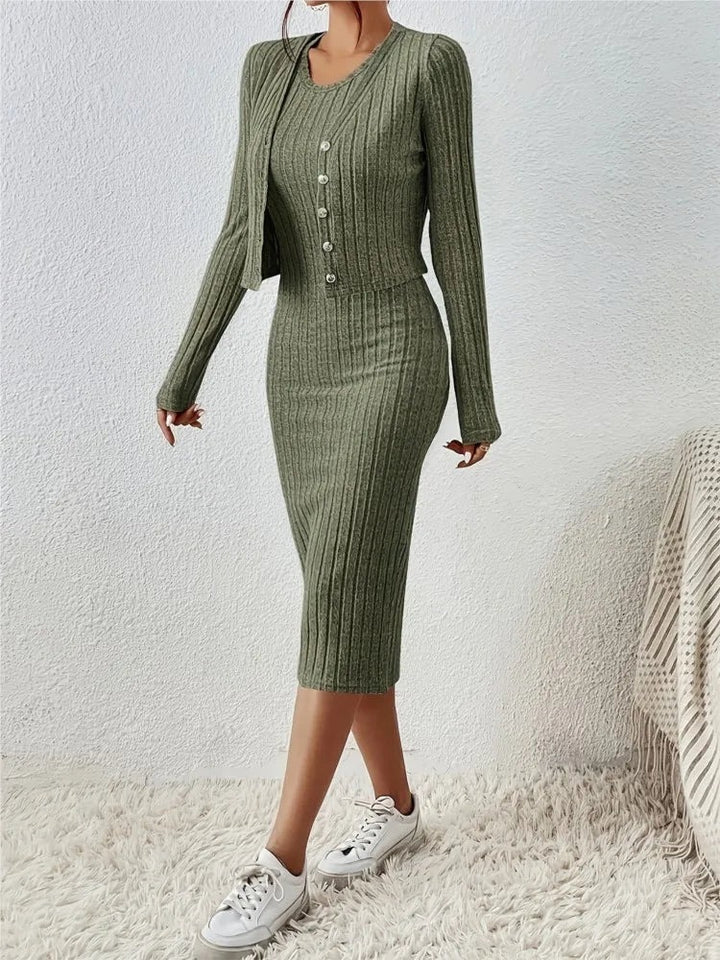 Women’s Ribbed Knit Two-Piece Set – Button Front Cardigan & Bodycon Midi Dress