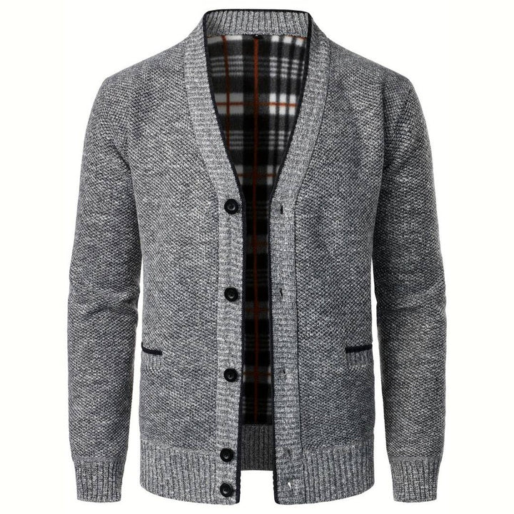 Men’s Heritage Plaid-Lined Knit Cardigan – Classic V-Neck Button-Up