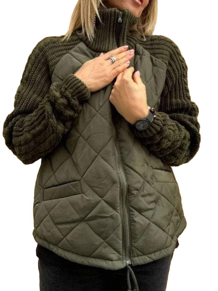 Women’s Quilted Zip Jacket with Knitted Sleeves – Casual Layered Style