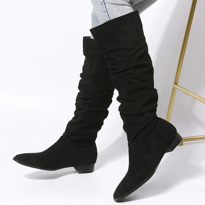 Women’s Pointed Toe Knee High Boots – Elegant Flat Sole Design