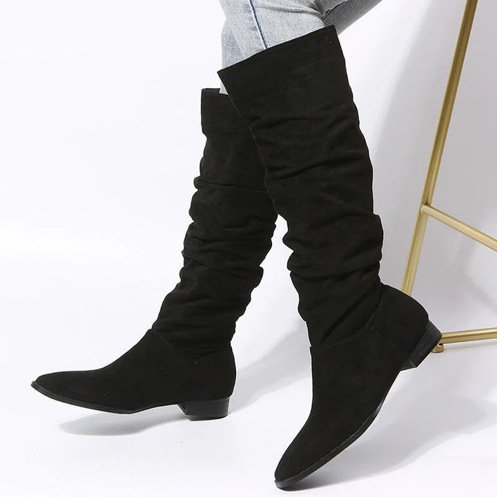 Women’s Pointed Toe Knee High Boots – Elegant Flat Sole Design