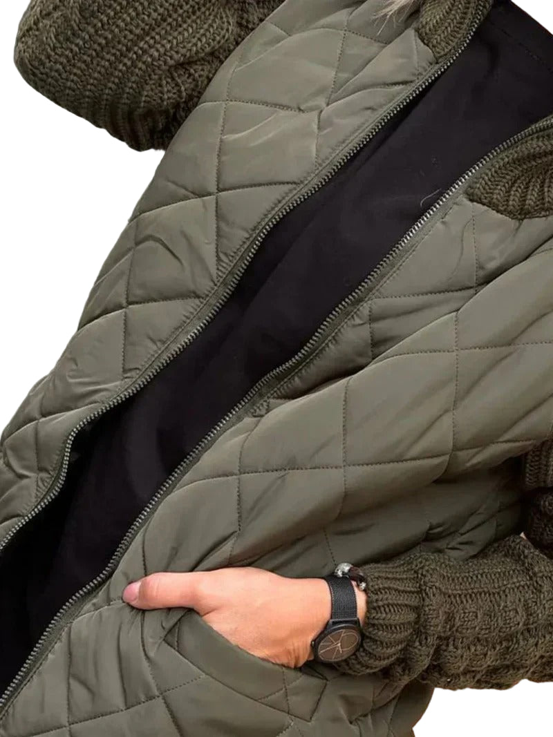 Women’s Quilted Zip Jacket with Knitted Sleeves – Casual Layered Style