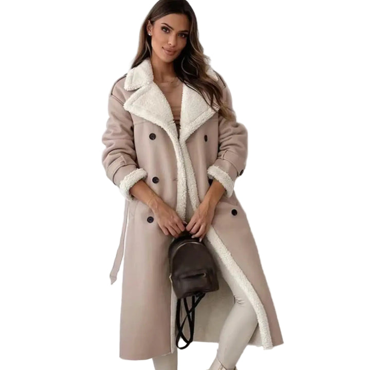 Women’s Long Faux Leather Coat – Fleece-Lined Double-Breasted Style