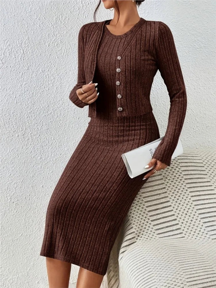 Women’s Ribbed Knit Two-Piece Set – Button Front Cardigan & Bodycon Midi Dress